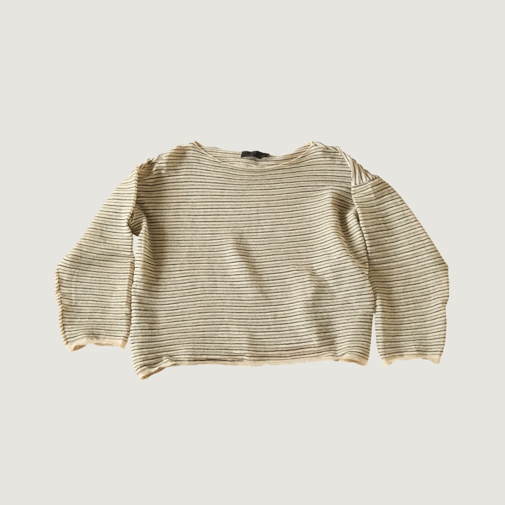 Zara Jumper Fine Knit Striped Beige Black Linen Blend Round Neck Small Minimal